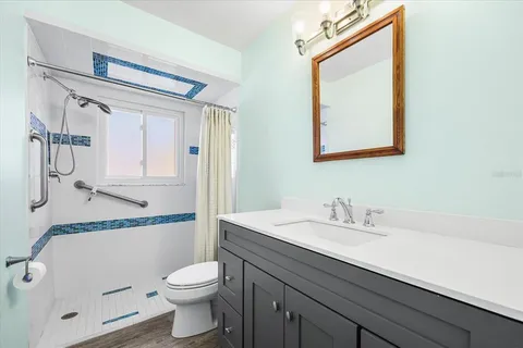 a bathroom with a sink a toilet and shower