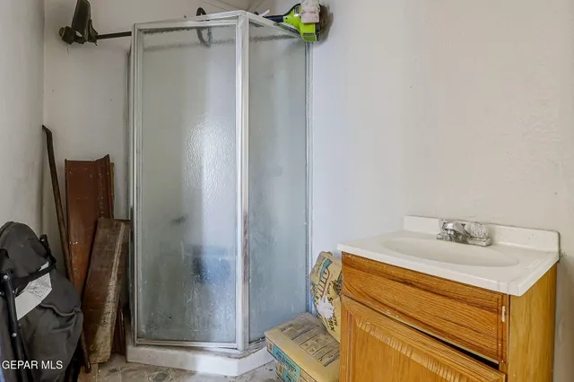 a bathroom with a sink and a shower