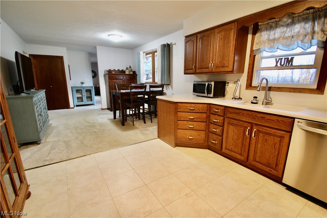 9818 Guilford Road Seville, OH 44273 - Photo 7 of 28 Kitchen featuring sink, light carpet, and stainless steel appliances