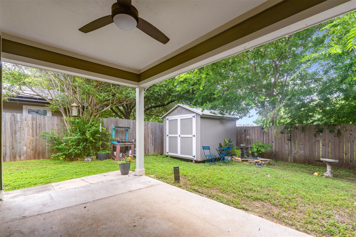 2147 Jasmine Path Round Rock, TX 78664 - Photo 28 of 36 A covered back patio with a ceiling fan extends your living space for comfortable, year-round outdoor enjoyment.