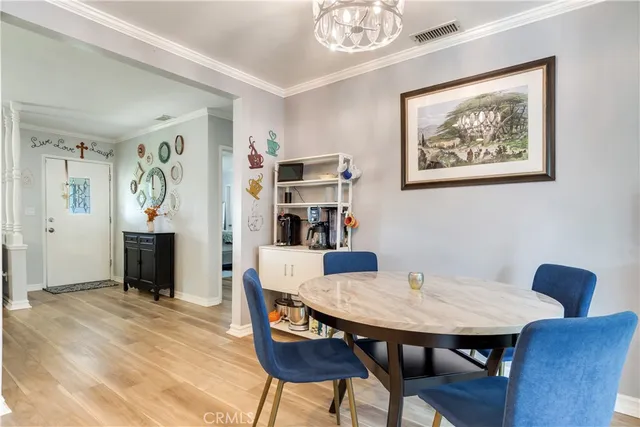 a view of a dining room with furniture