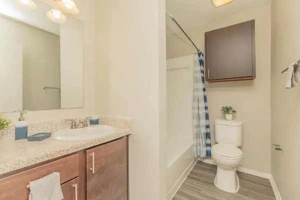 a bathroom with a granite countertop sink toilet and shower