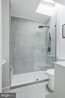 a bathroom with a shower and a toilet