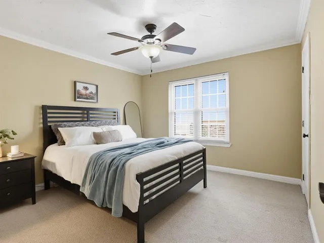 a bedroom with a bed and a ceiling fan
