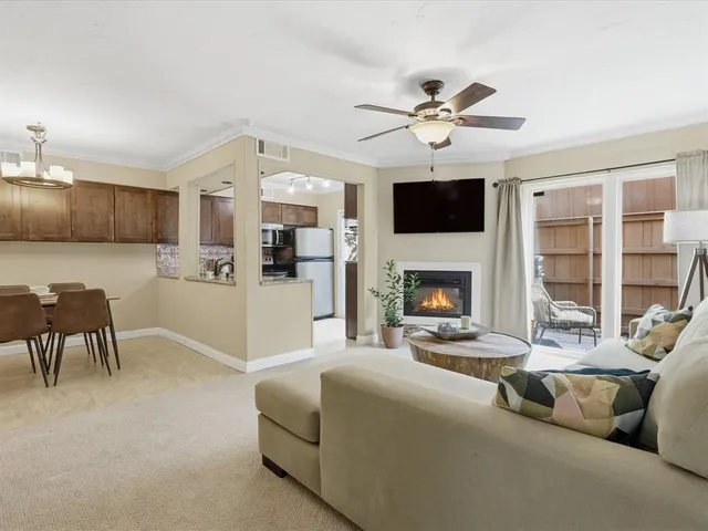 a living room with furniture a flat screen tv and a fireplace