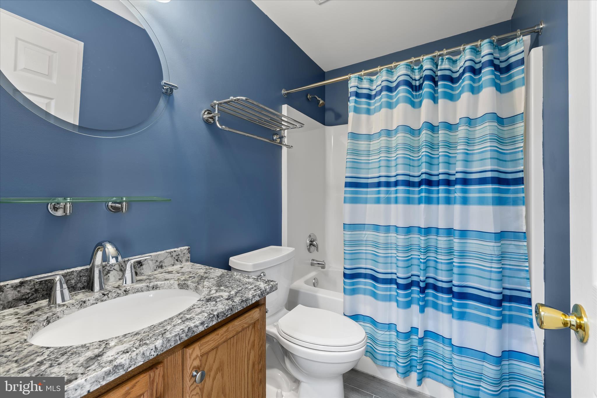 19095 Carey Lane Georgetown, DE 19947 - Photo 25 of 39 a bathroom with a granite countertop sink toilet a mirror and shower curtain