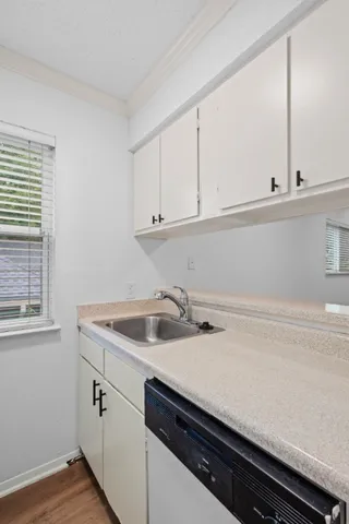 a kitchen with a sink and cabinets