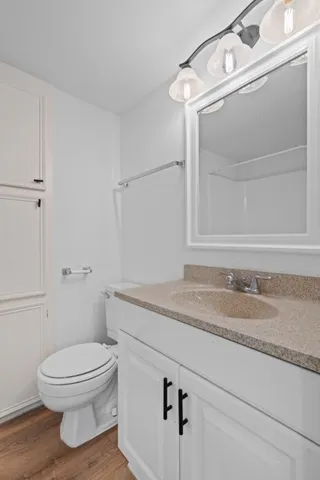 a bathroom with a granite countertop toilet and a sink