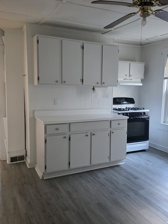 47 Webster Street, Unit 2 Lynn, MA 01902 - Photo 2 of 5 a kitchen with white cabinets stainless steel appliances and wooden floor