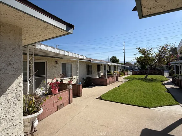 front view of a house with a patio