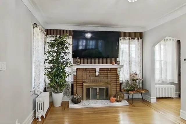 a living room with furniture a fireplace and a potted plant