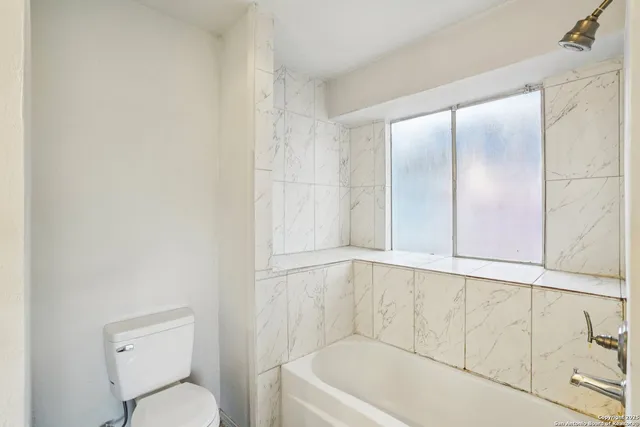 a bathroom with a bathtub and a toilet