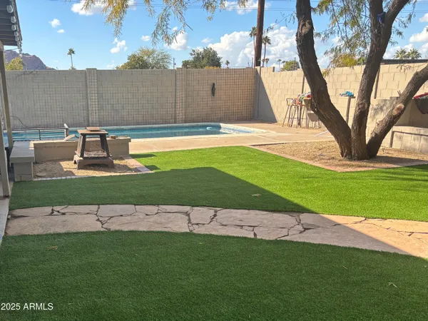 a view of a backyard with a large tree