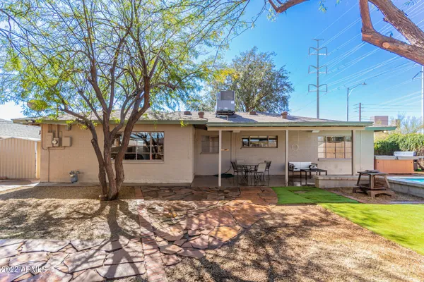 front view of a house with a patio