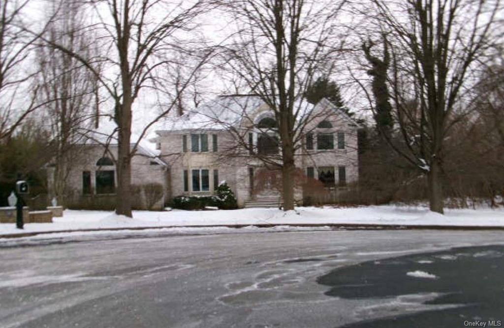 a front view of residential houses with snow and trees