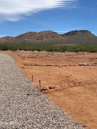 a view of a dry yard with mountains in the background
