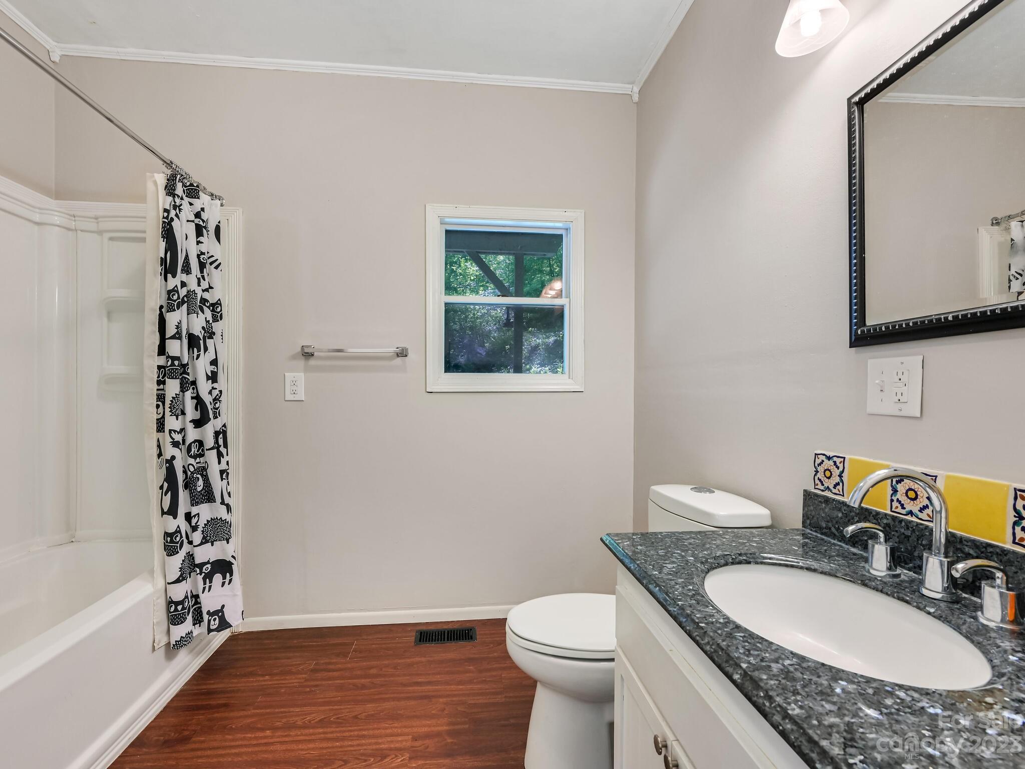 843 North Fork Road Barnardsville, NC 28709 - Photo 12 of 37 a bathroom with a granite countertop toilet a sink a mirror and shower curtain