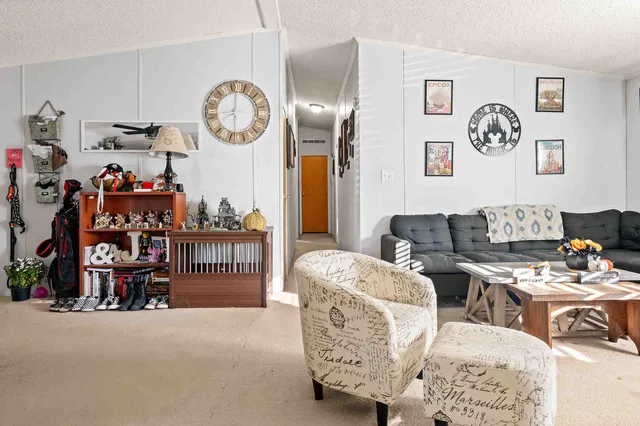 a living room with lots of furniture and a clock