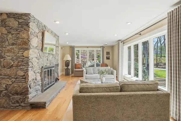 a living room with fireplace furniture and a flat screen tv