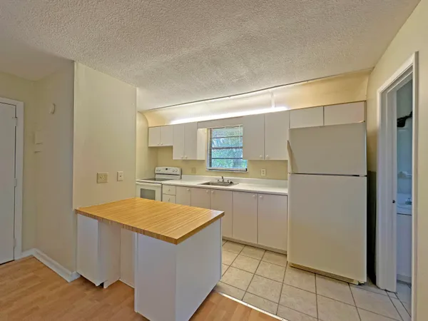 a kitchen with a refrigerator and a sink