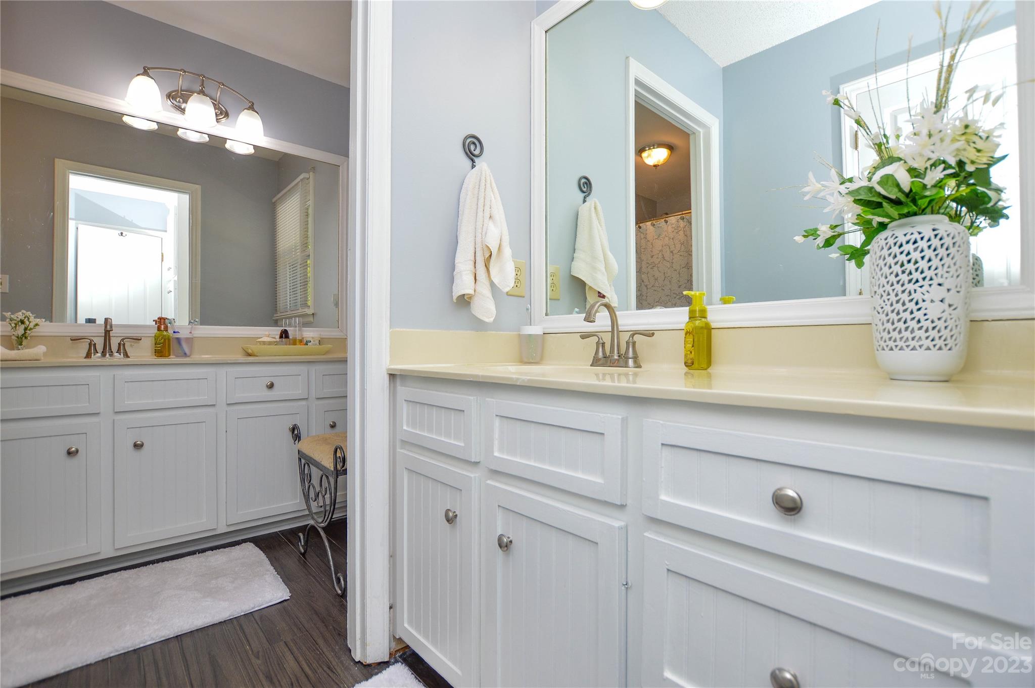 5215 Rocky River Road Charlotte, NC 28215 - Photo 22 of 33 a bathroom with a sink a potted plant and a mirror