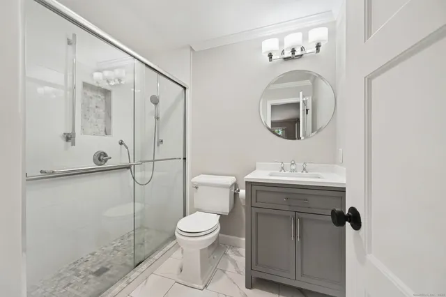 a bathroom with a toilet a sink and mirror