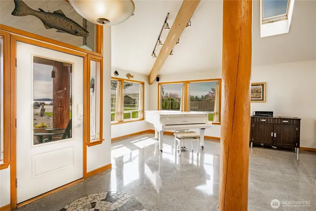 a living room with a large window