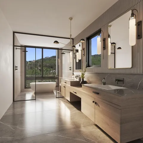 a large white kitchen with a large window