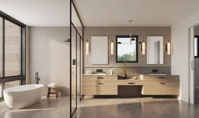 a bathroom with a sink mirror and a bathtub