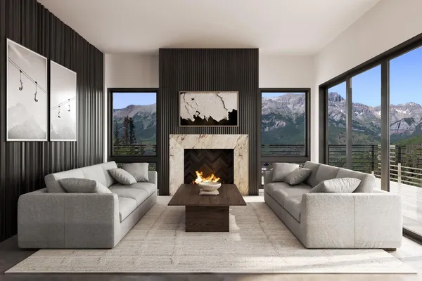 a living room with furniture a floor to ceiling window and a fireplace