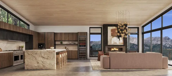 a living room with stainless steel appliances kitchen island granite countertop furniture and a kitchen view