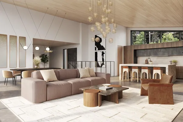 a living room with furniture and a chandelier