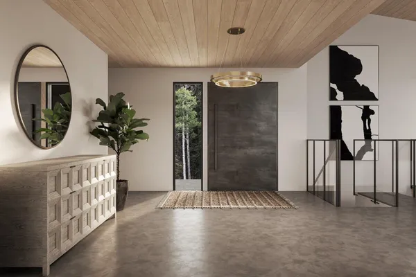 a view of entryway with a front door and wooden floor