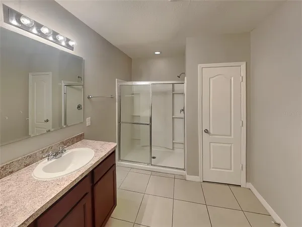 a bathroom with a sink shower and a mirror