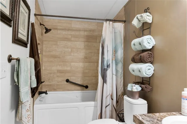 a bathroom with a shower a mirror and a toilet