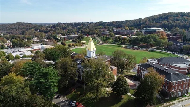 an aerial view of a town with couple of houses
