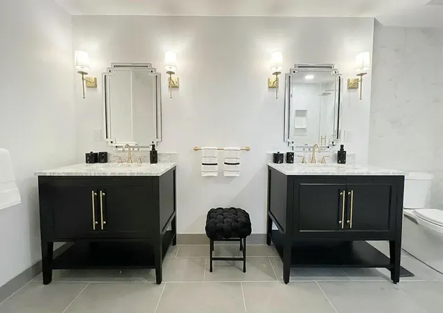 a bathroom with a shower and a toilet