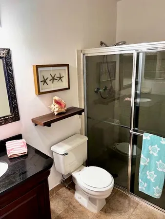 a bathroom with a toilet and a shower