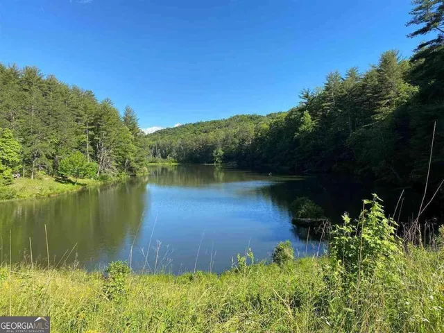 a view of a lake with a house in the background