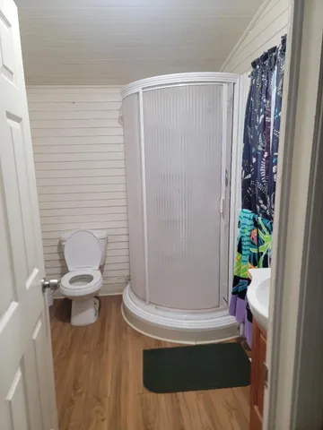 a bathroom with a toilet and a shower
