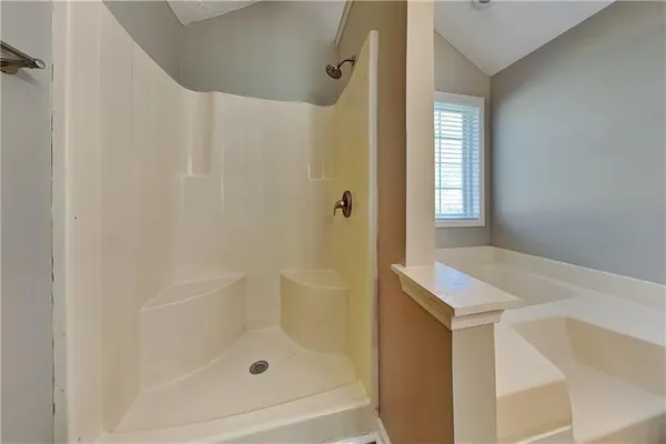 a bathroom with a shower and a sink