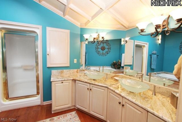 1219 Rae Road Lyndhurst, OH 44124 - Photo 14 of 25 MASTER BATHROOM has been updated beautifully with wood floors, granite countertops and gorgeous sinks! The vaulted ceiling is wood with a skylight. Truly a masterpiece!