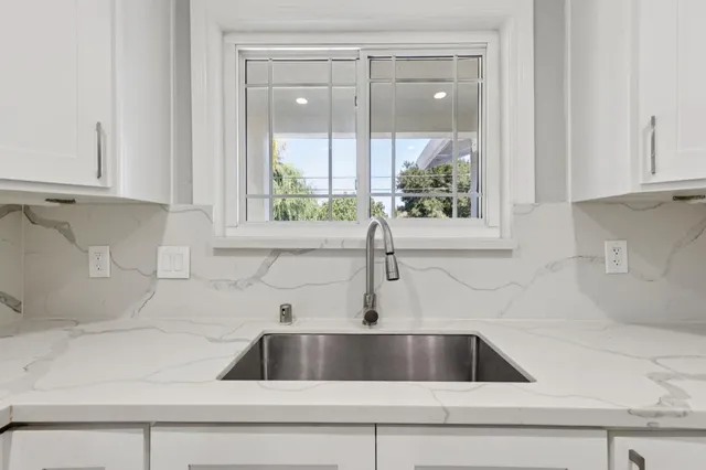 a kitchen with a sink and potted plant