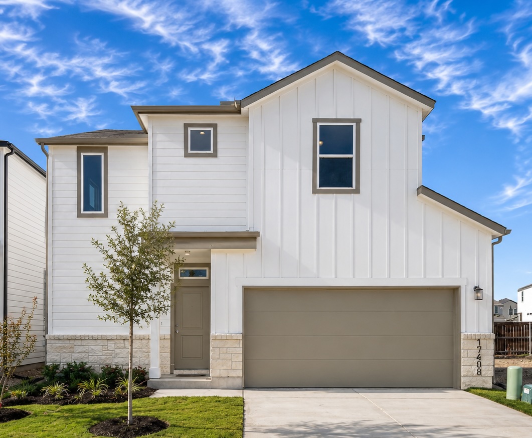 17408 Monastrell Lane Pflugerville, TX 78664 - Photo 1 of 36 A modern facade with crisp lines, varied siding, and a welcoming entry.