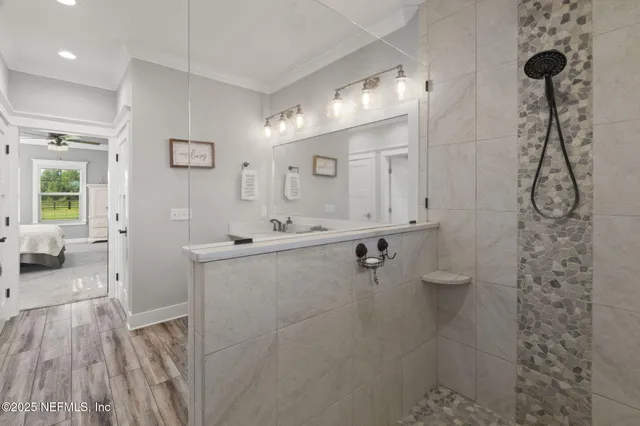 a bench sitting in front of a door