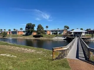 a view of building and lake