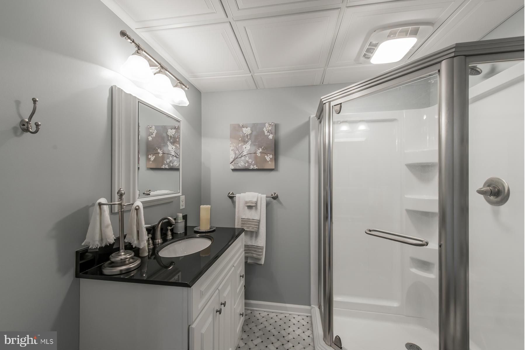 3677 Meadowvale Road Ellicott City, MD 21042 - Photo 24 of 30 a bathroom with a granite countertop sink a mirror and shower
