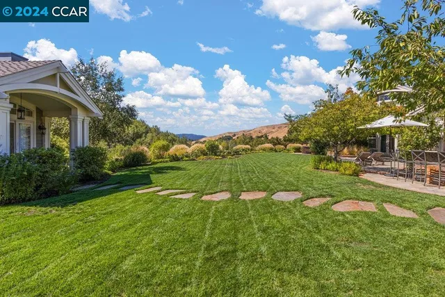 a view of a house with a big yard and a large tree