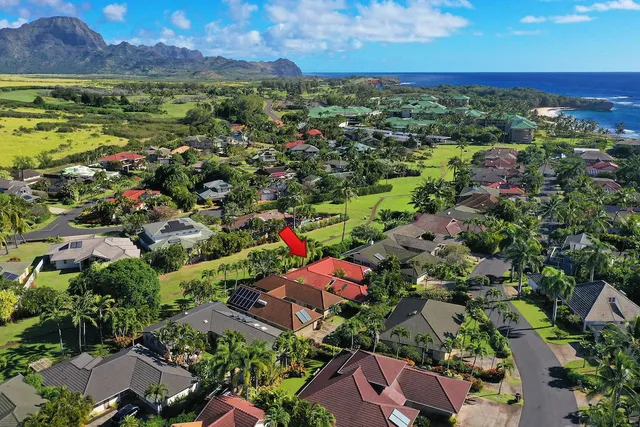 an aerial view of residential houses with outdoor space and trees