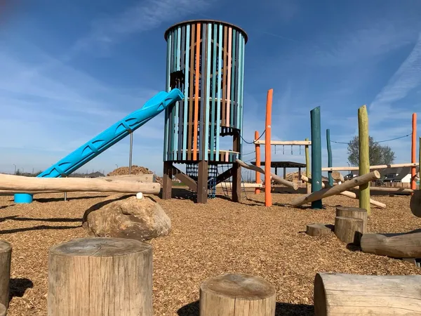 a view of a deck with a slide
